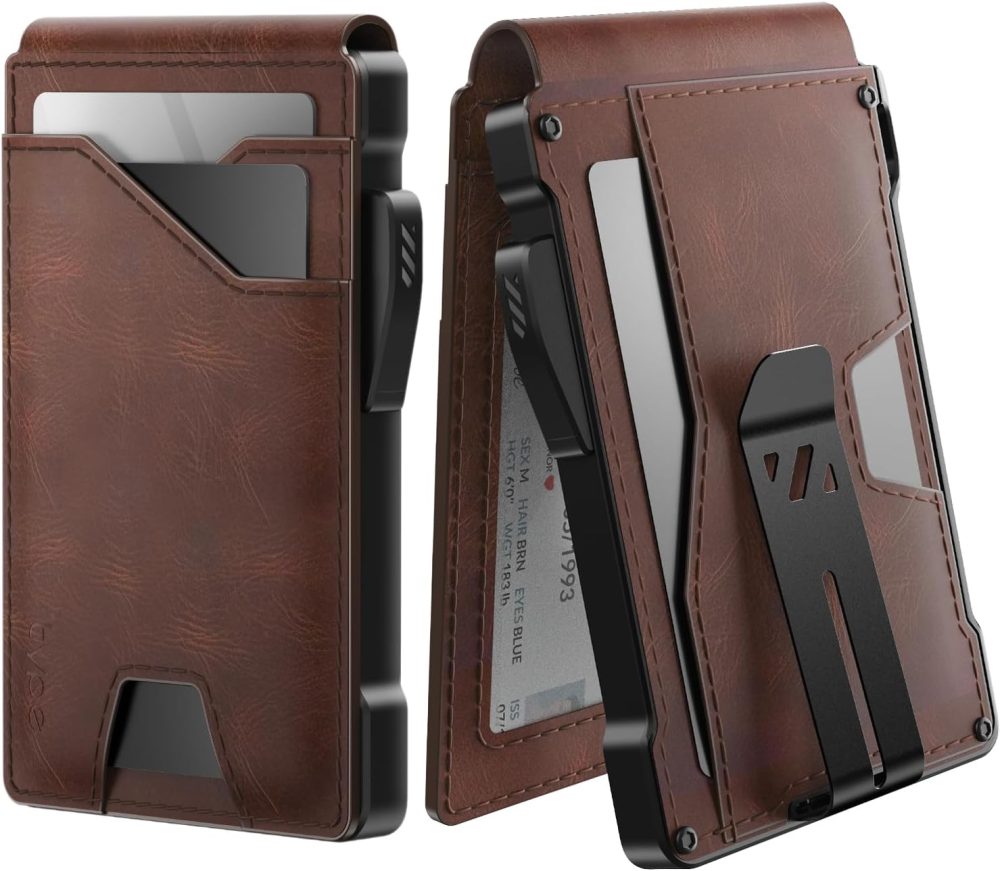 Wallet for Men Card Holder: Pop Up Card Case, Genuine Leather, Smart,  Blocking, Slim, Minimalist, Thin, Front Pocket - 9-13 Card Capacitiy, ID Window, Money Clip (Brown)