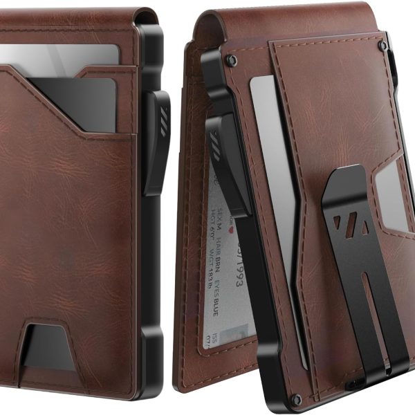 Wallet for Men Card Holder: Pop Up Card Case, Genuine Leather, Smart,  Blocking, Slim, Minimalist, Thin, Front Pocket - 9-13 Card Capacitiy, ID Window, Money Clip (Brown)