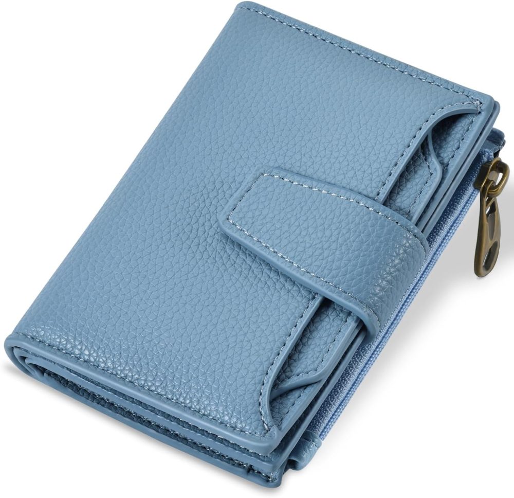 Small Wallet Women  Blocking Soft Leather Bifold Compact Card Holder Wallet for Women with Zipper Coin Pocket 4 ID Window