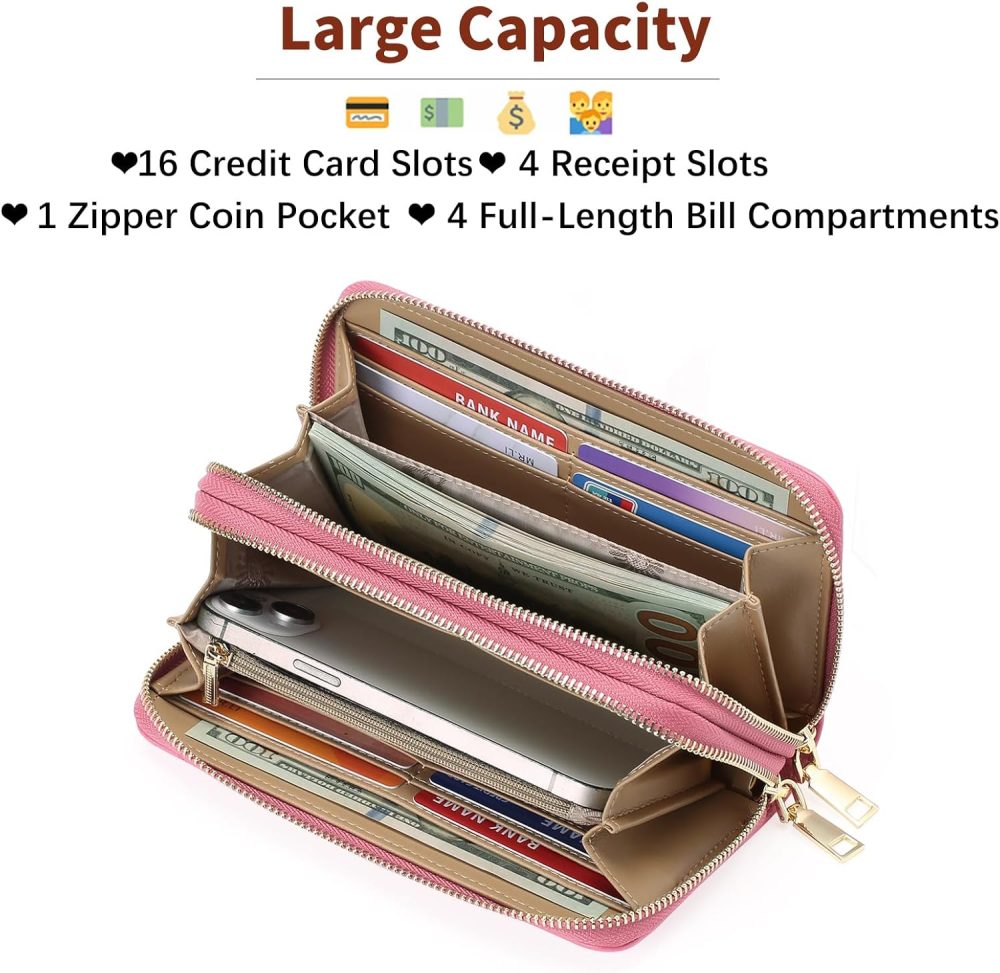 Women's Wallet Large Capacity Double Zip Ladies Card Phone Holder  Blocking Wristlet Leather - Image 2
