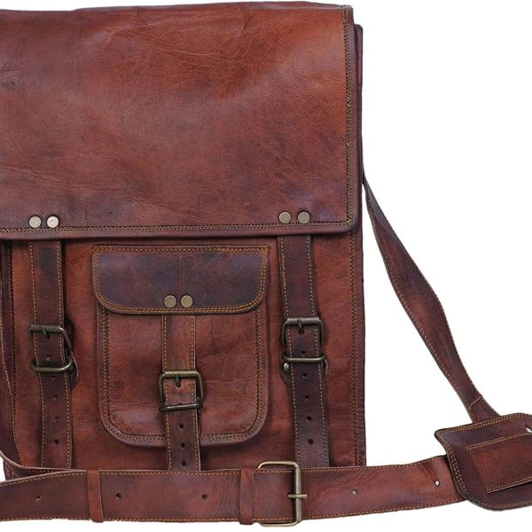 Leather crossbody bag messenger satchel tablet bag 11 inches for men and women (Brown)