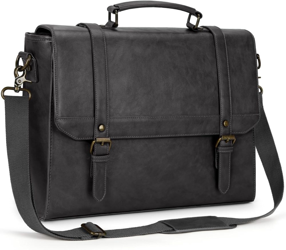 Messenger Bag for Men 15.6 inch Vintage Leather Waterproof Laptop Briefcase Large Computer Laptop Bag Leather Satchel Bag Retro Shoulder Bag, Grey