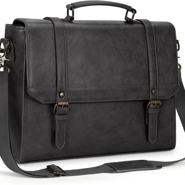 Messenger Bag for Men 15.6 inch Vintage Leather Waterproof Laptop Briefcase Large Computer Laptop Bag Leather Satchel Bag Retro Shoulder Bag, Grey