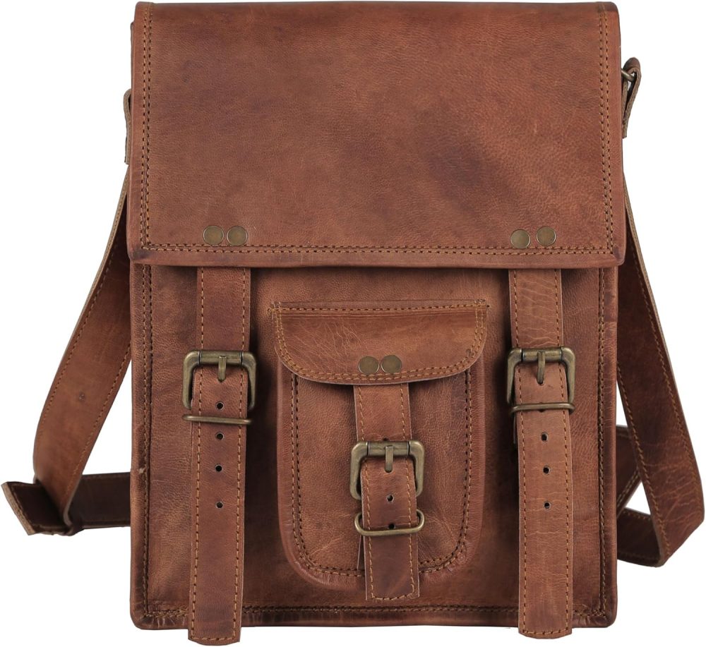 Leather crossbody bag messenger satchel tablet bag 11 inches for men and women (Brown) - Image 2