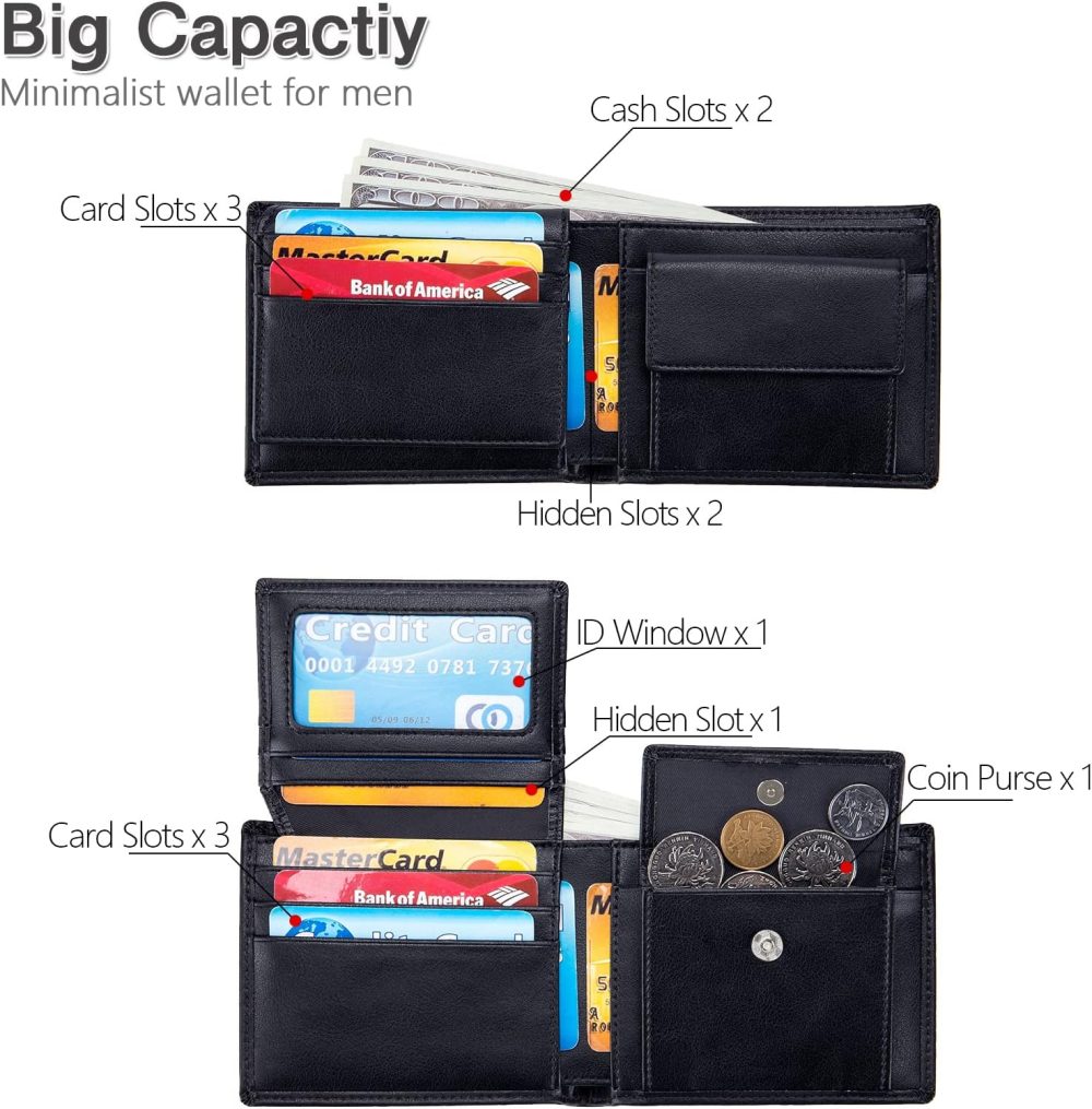 Men's Leather Wallet with Coin Pocket Flip Up ID Window  Blocking Slim Bifold Credit Card Front Pocket Wallet (Black) - Image 2