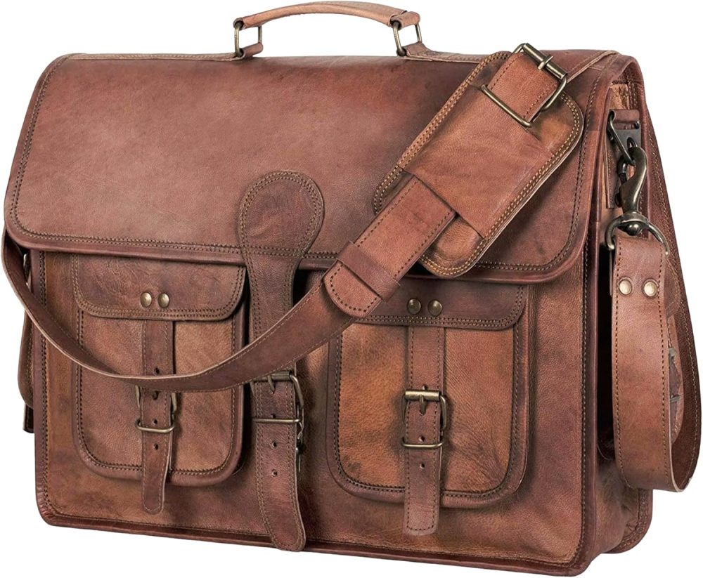 Leather Messenger Bag for Men and Women 18 inch Large Vintage Leather Briefcase Laptop Shoulder Bag Unisex Crossbody Messenger Satchel for Office, Business, Work, Travel