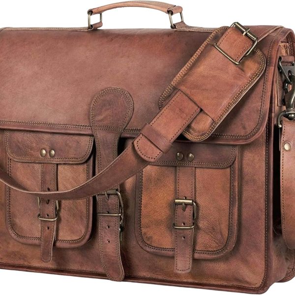 Leather Messenger Bag for Men and Women 18 inch Large Vintage Leather Briefcase Laptop Shoulder Bag Unisex Crossbody Messenger Satchel for Office, Business, Work, Travel