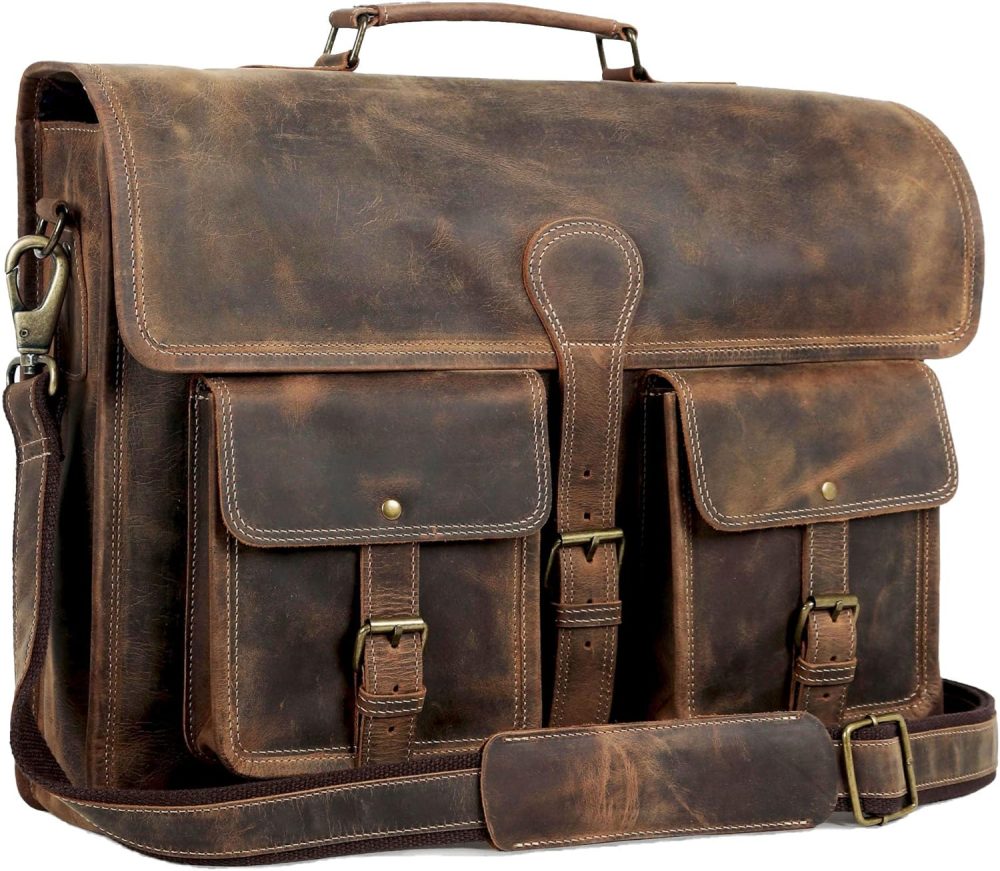 Leather briefcase 18 inch laptop messenger bag for men and women best satchel office bag