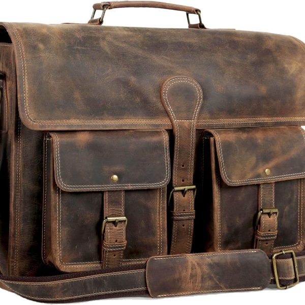 Leather briefcase 18 inch laptop messenger bag for men and women best satchel office bag