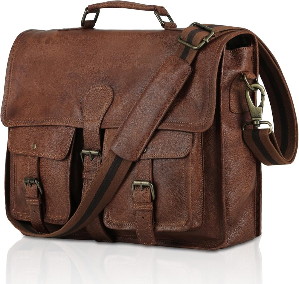 Leather briefcase 18 inch laptop messenger bag for men and women best satchel office bag